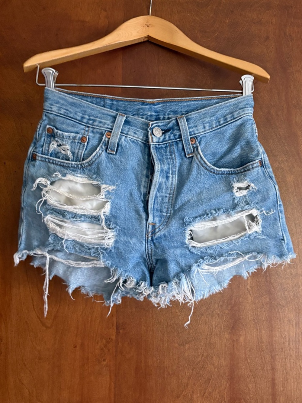 Distressed Light Blue Denim Shorts - Levi’s 501 Button Fly